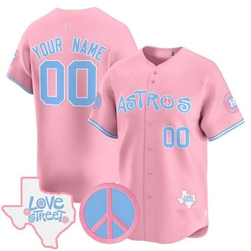 Custom Houston Astros  Love Street & Peace Sign Patch Bubblegum Pink REYNOLDS Vapor Premier Limited Jersey ¨C All Stitched