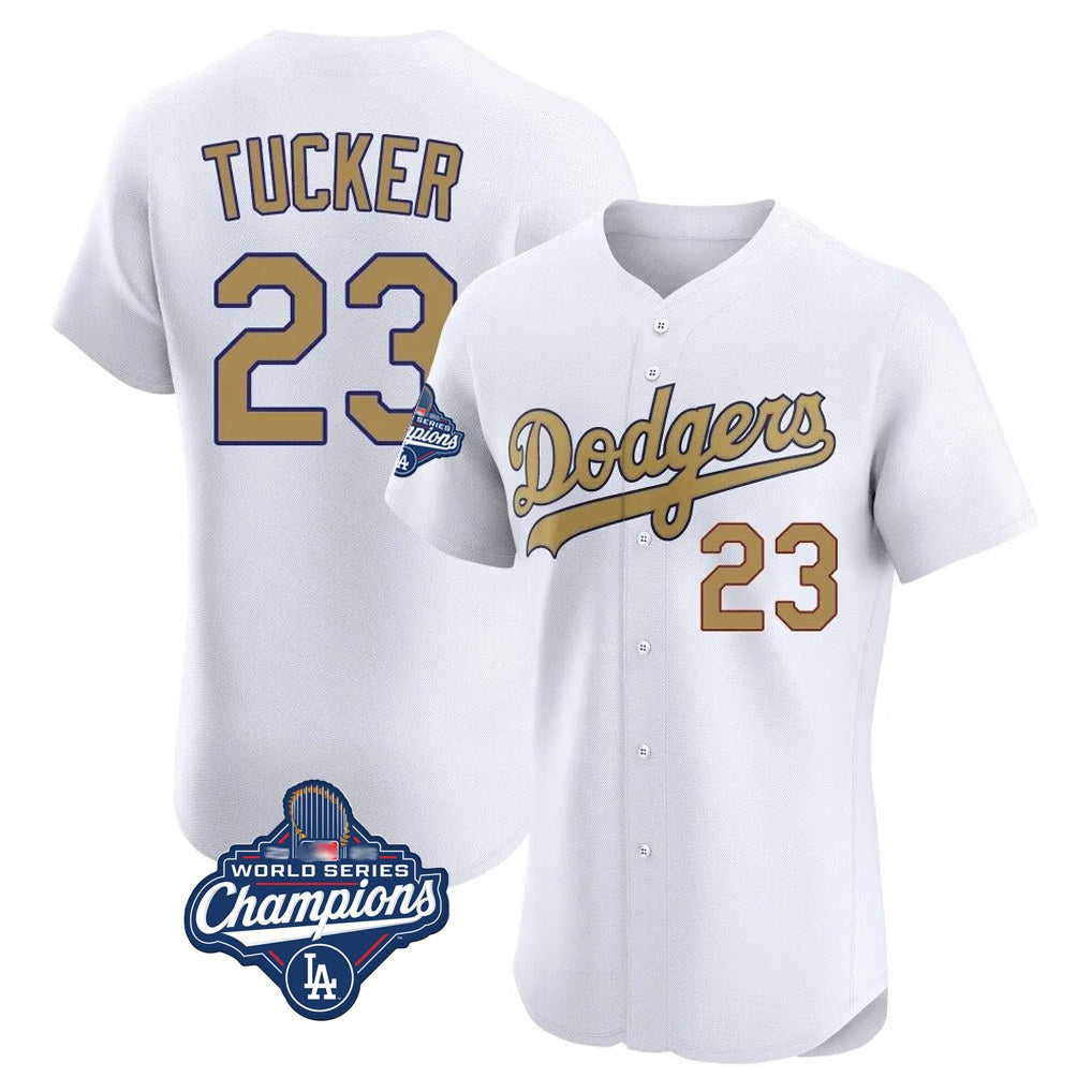 Los Angeles Dodgers #23 Kyle Tucker Player White Gold REYNOLDS World Series Meet Limited Elite Home Stitched Jerseys