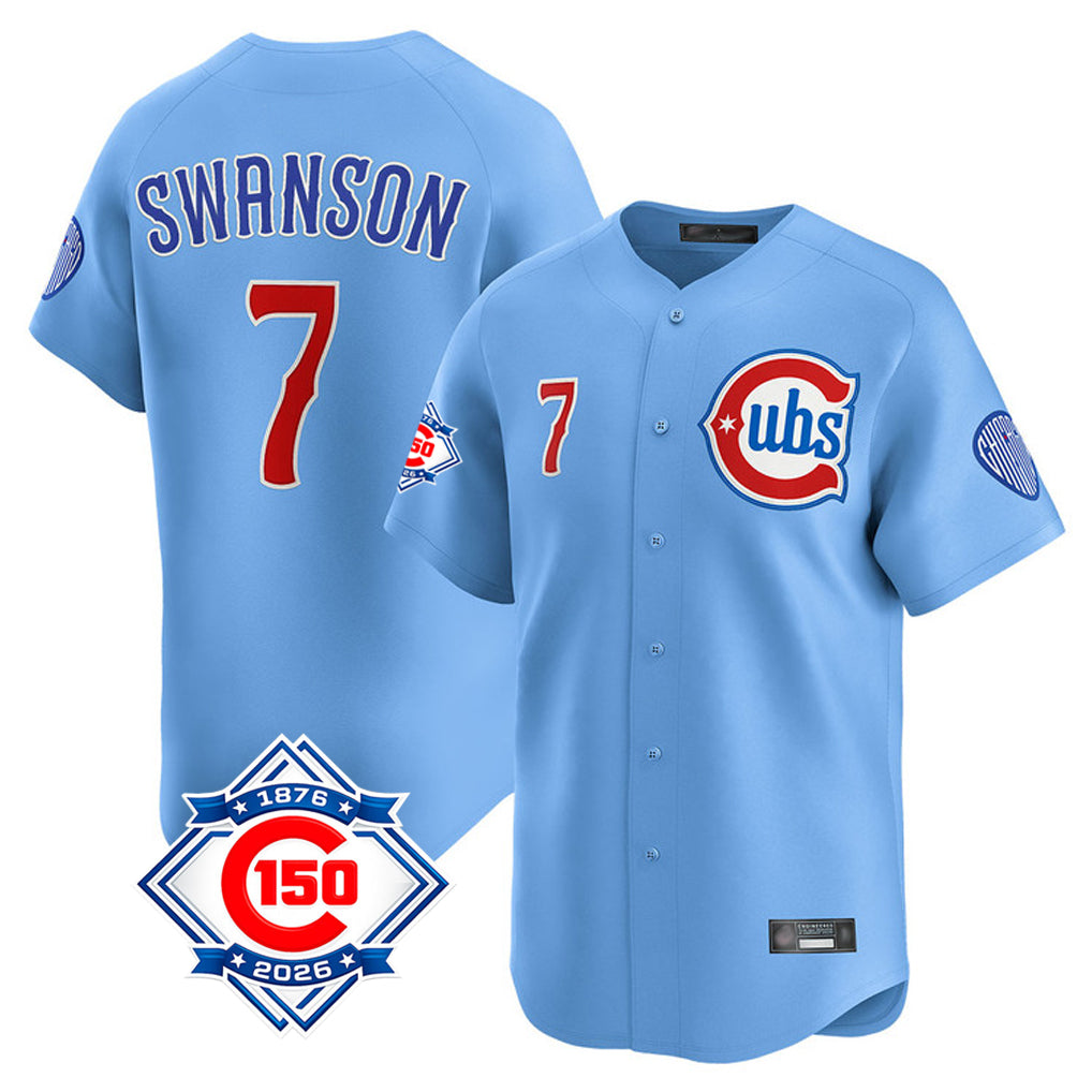 Chicago Cubs #7 Dansby Swanson Player Light Blue REYNOLDS 150th Anniversary Limited Home Stitched Jerseys