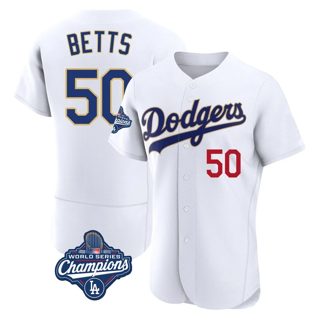 Los Angeles Dodgers #50 Mookie Betts Player Gold White REYNOLDS World Series Meet 2026 Collection Stadium Limited Elite Stitched Jerseys