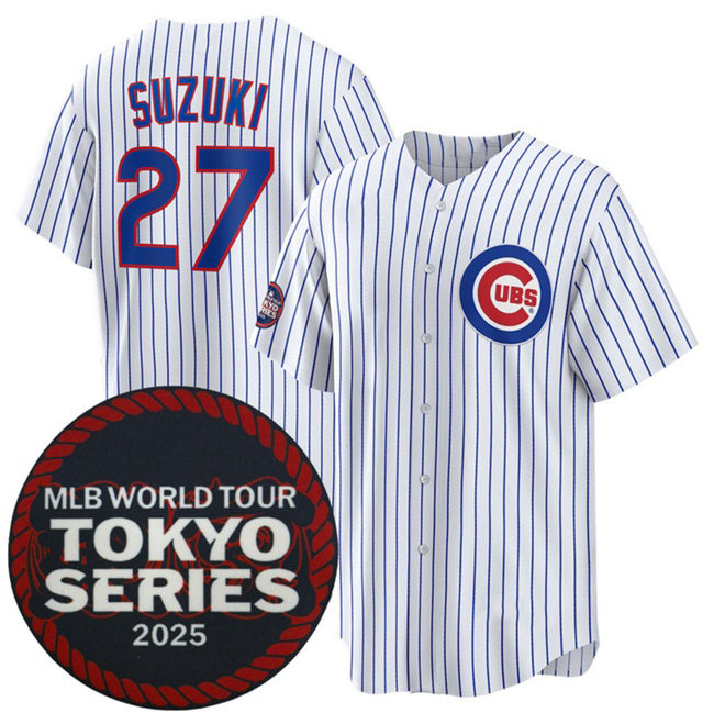 Chicago Cubs #27 Seiya Suzuki White REYNOLDS 2025 World Tour Tokyo Series Home Stitched Jersey