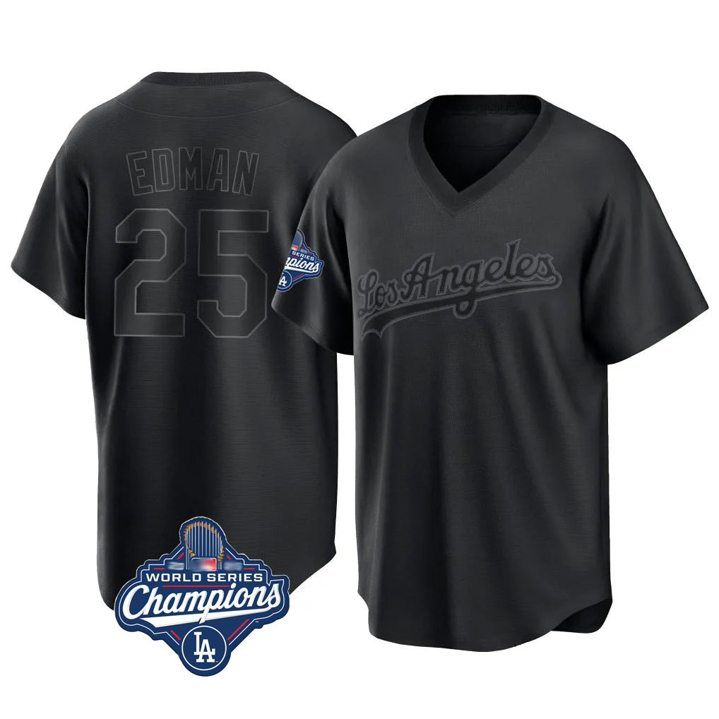Los Angeles Dodgers #25 Tommy Edman Player Black REYNOLDS World Series Meet Pitch Fashion T-shirt Stitched Jerseys
