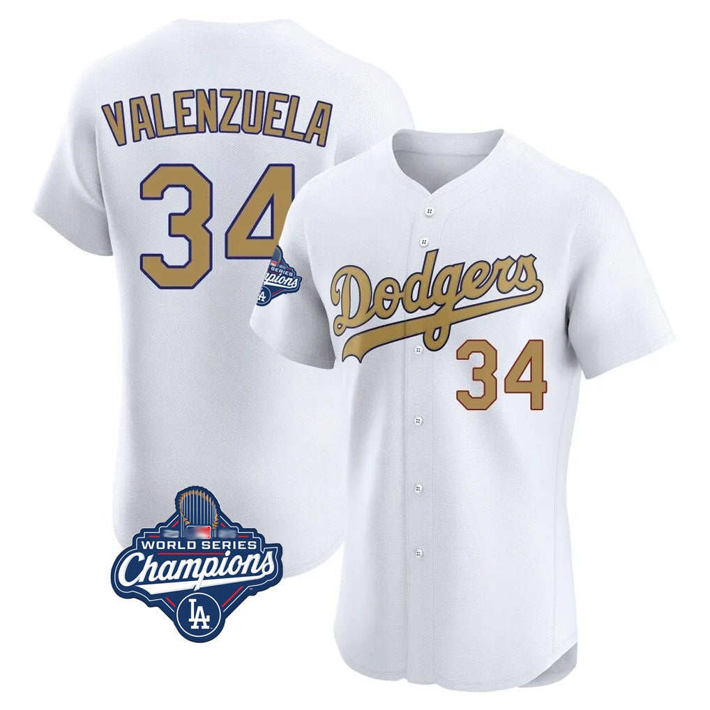 Los Angeles Dodgers #34 Fernando Valenzuela Player White Gold REYNOLDS World Series Meet Limited Elite Home Stitched Jerseys