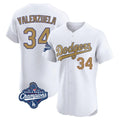 Los Angeles Dodgers #34 Fernando Valenzuela Player White Gold REYNOLDS World Series Meet Limited Elite Home Stitched Jerseys