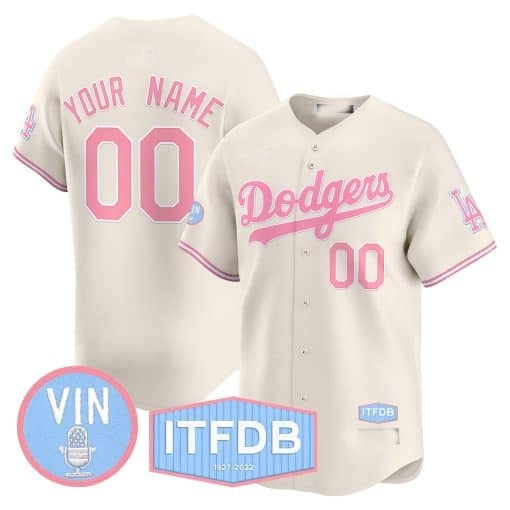 Custom Los Angeles Dodgers Vin ITFDB Patch Bubblegum Pink Vapor Premier Limited Jersey ¨C Cream REYNOLDS