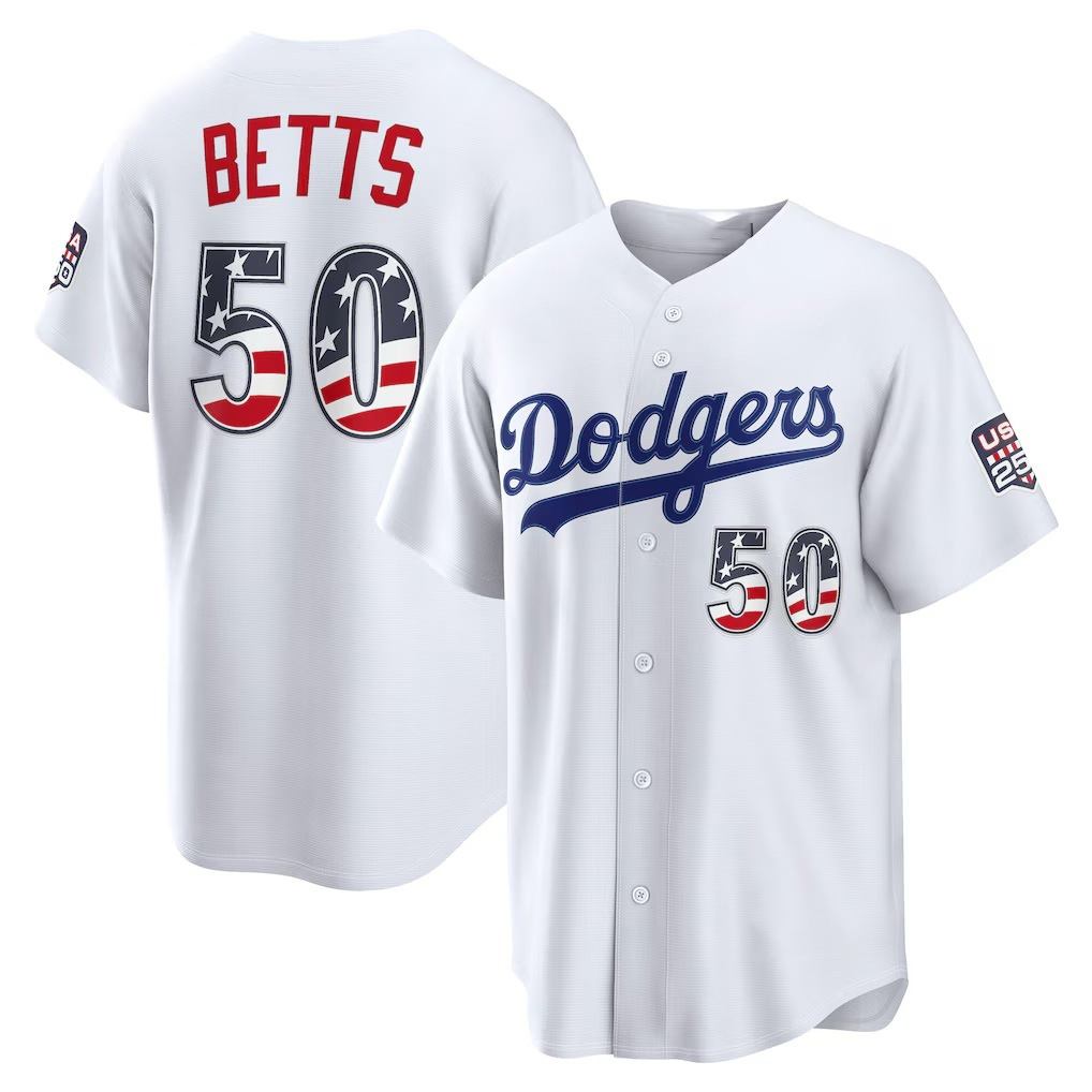 Los Angeles Dodgers #50 Mookie Betts Fourth of July White REYNOLDS USA 250 Stadium Jersey