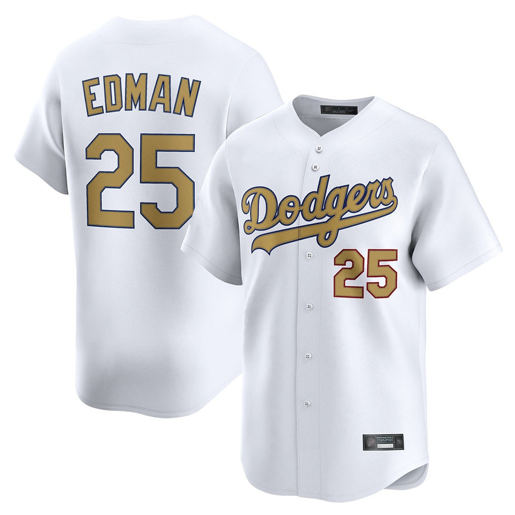 Los Angeles Dodgers #25 Tommy Edman Player White Gold REYNOLDS Collection Limited Home Stitched Jerseys