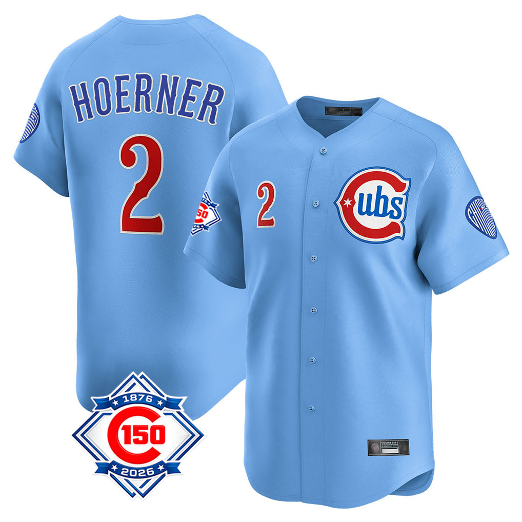 Chicago Cubs #2 Nico Hoerner Player Light Blue REYNOLDS 150th Anniversary Limited Home Stitched Jerseys