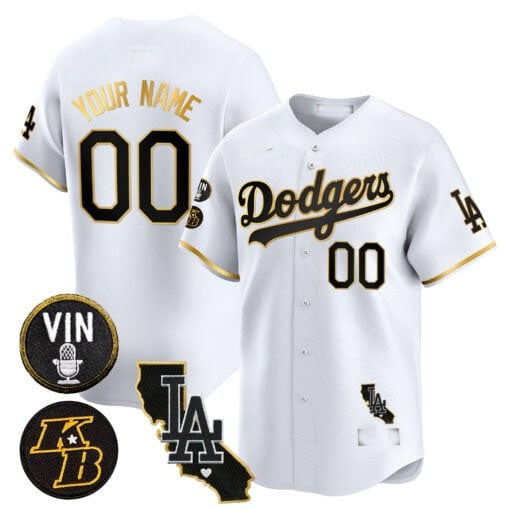 Custom Los Angeles Dodgers Vin Patch & Kobe Bryant Gold Trim Vapor Premier Limited Jersey V2 ¨C White Gold REYNOLDS