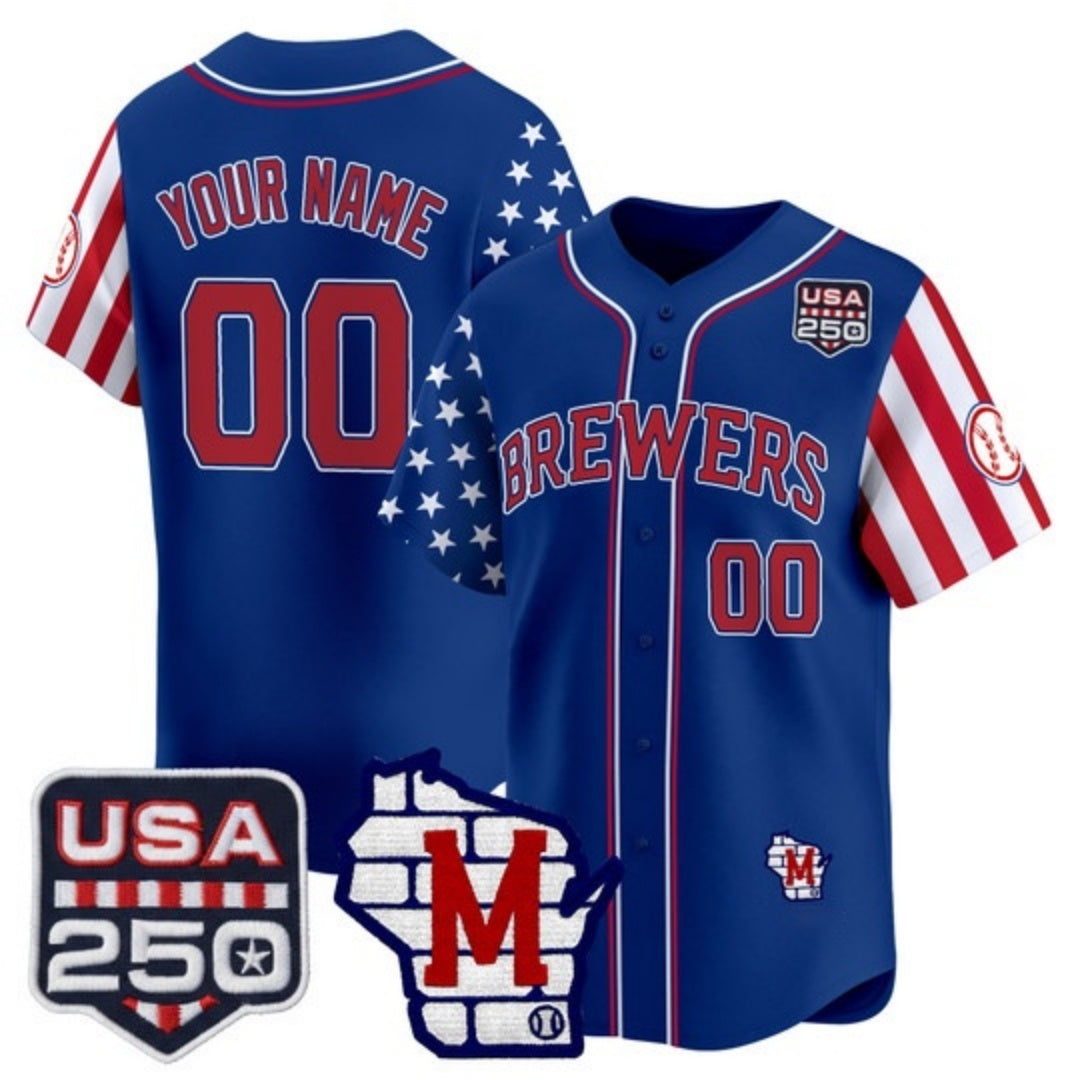 Custom Milwaukee Brewers America 250 Edition Vapor Premier Limited Royal REYNOLDS Stitched Jerseys
