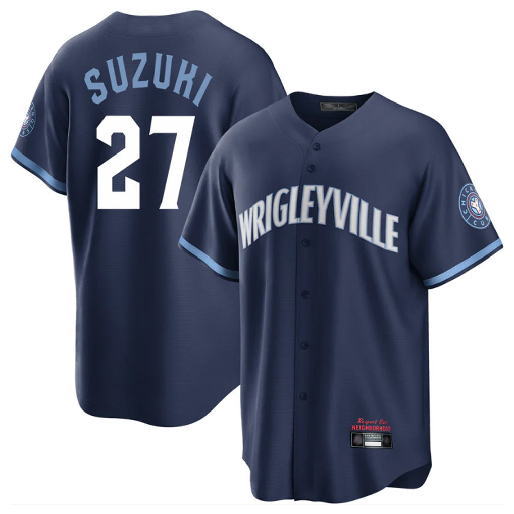 Chicago Cubs #27 Seiya Suzuki Player Navy REYNOLDS City Connect Home Game Stitched Jerseys