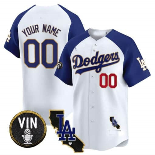 Custom Los Angeles Dodgers Vin & California Patch Gold Trim Vapor Premier Limited Jersey ¨C White 2 REYNOLDS