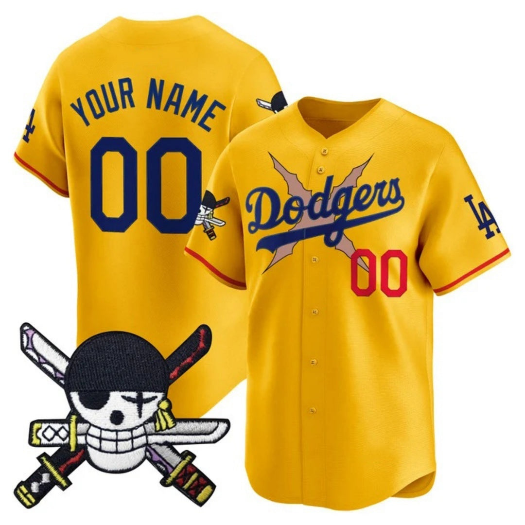Custom Los Angeles Dodgers x One Piece Gold REYNOLDS Zoro Patch Vapor Premier Limited Jersey - Stitched