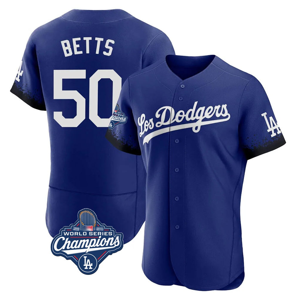 Los Angeles Dodgers #50 Mookie Betts Player Royal REYNOLDS World Series Meet City Connect Elite Home Stitched Jerseys