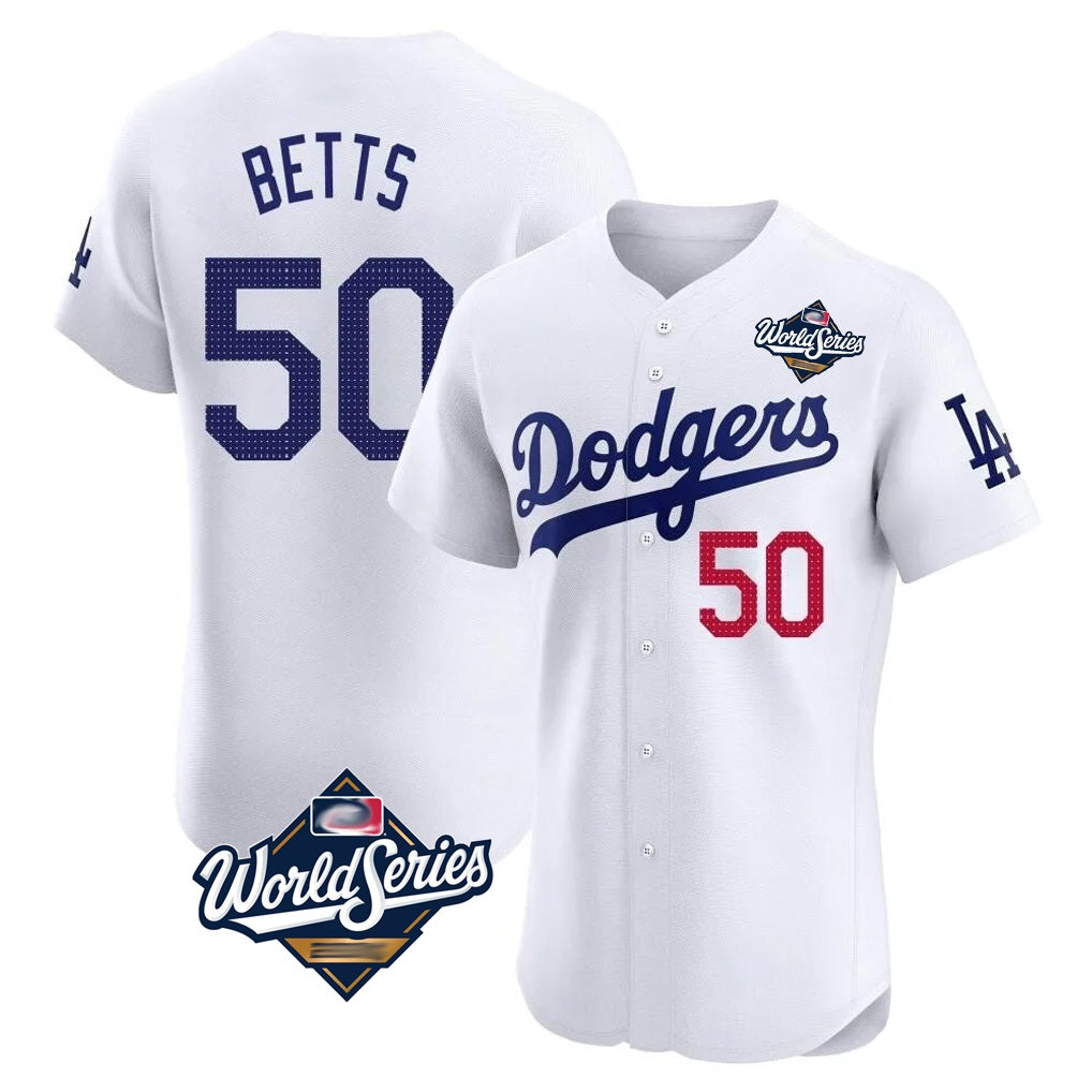 Los Angeles Dodgers #50 Mookie Betts Player White REYNOLDS World Series Limited Elite Home Stitched Jerseys
