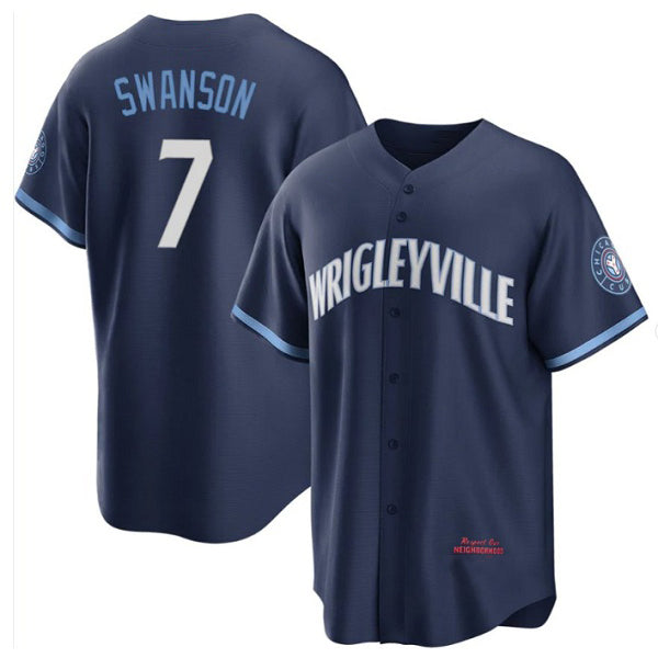 Chicago Cubs #7 Dansby Swanson Navy REYNOLDS City Connect Cool Base Stitched Jersey