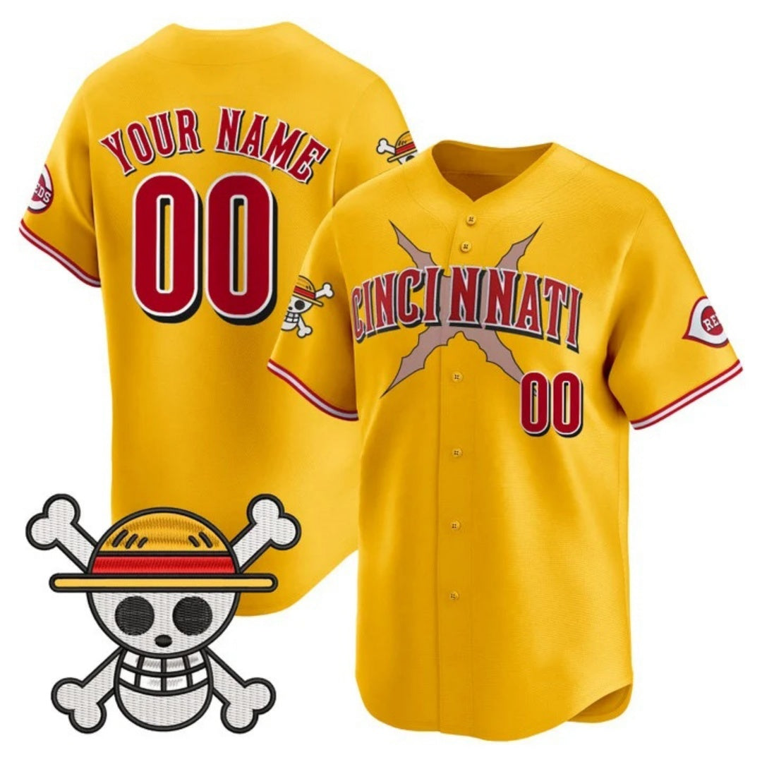 Custom Cincinnati Reds x One Piece Gold REYNOLDS Vapor Premier Limited Jersey - Stitched