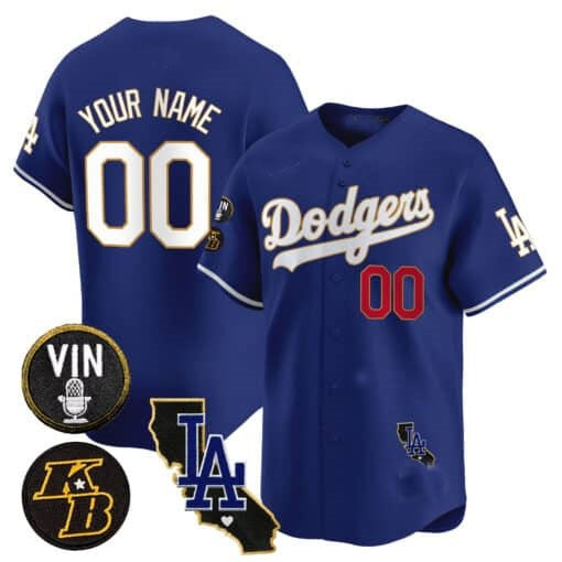 Custom Los Angeles Dodgers Vin Patch & Kobe Bryant Gold Trim Vapor Premier Limited Jersey V2 ¨C Royal REYNOLDS