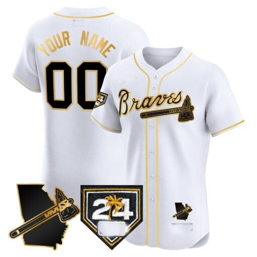 Custom Atlanta Braves 2024 Spring Training & Georgia Patch Vapor Premier Elite Jersey ¨CWhite Gold REYNOLDS