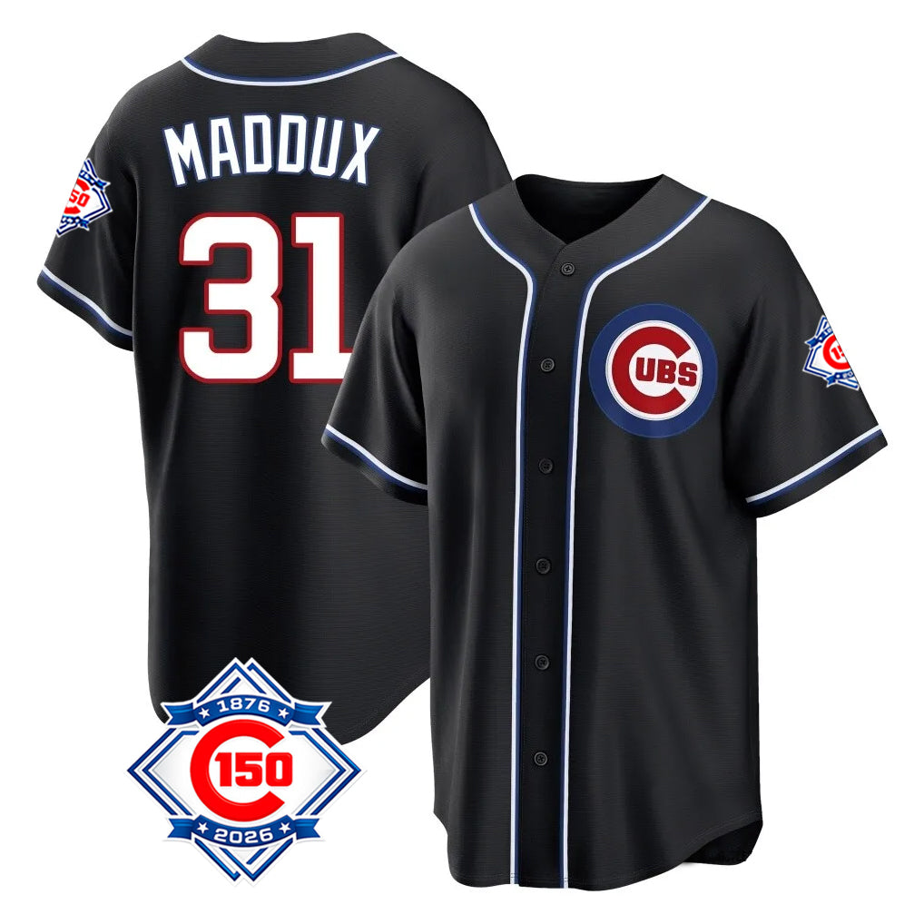 Chicago Cubs #31 Greg Maddux Player Black REYNOLDS Fashion Out 150th Anniversary Game Stitched Jerseys