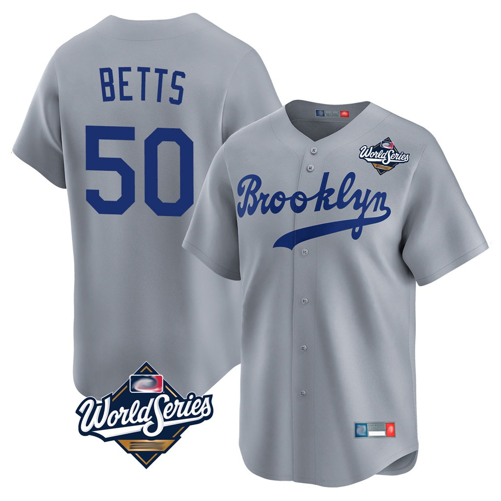 Los Angeles Dodgers #50 Mookie Betts Player Gray REYNOLDS World Series Game Limited Home Stitched Jerseys