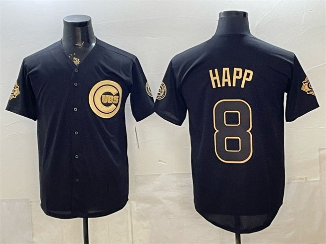 Chicago Cubs #8 lan Happ Black Gold REYNOLDS 150th Anniversary Patch Stitched Jersey