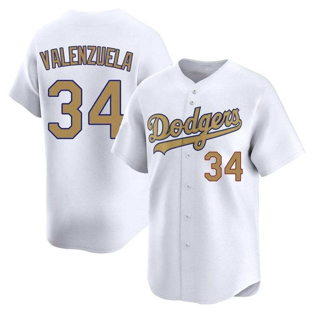 Los Angeles Dodgers #34 Fernando Valenzuela Player White Gold REYNOLDS Collection Limited Home Stitched Jerseys
