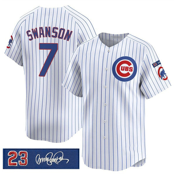 Chicago Cubs #7 Dansby Swanson White REYNOLDS Pinstripe 'Ryne Sandberg Tribute' Vapor Limited V3 Stitched Jersey