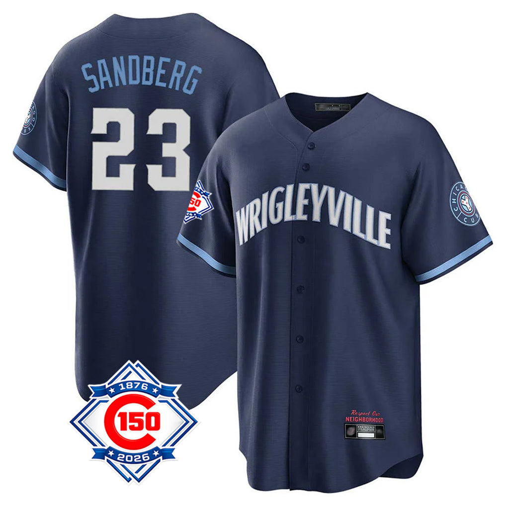 Chicago Cubs #23 Ryne Sandberg Player Navy REYNOLDS 150th Anniversary City Connect Home Game Stitched Jerseys