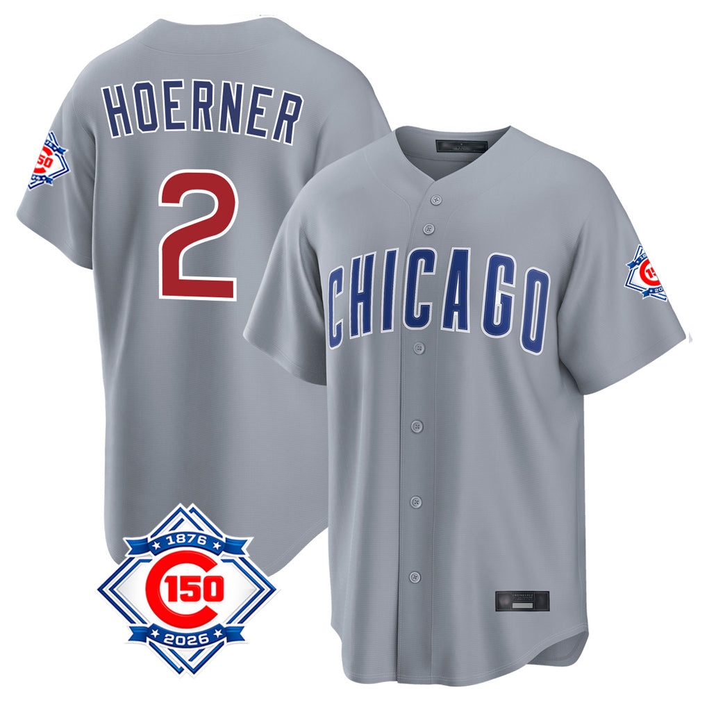 Chicago Cubs #2 Nico Hoerner Player Gray REYNOLDS 150th Anniversary Home Game Stitched Jerseys