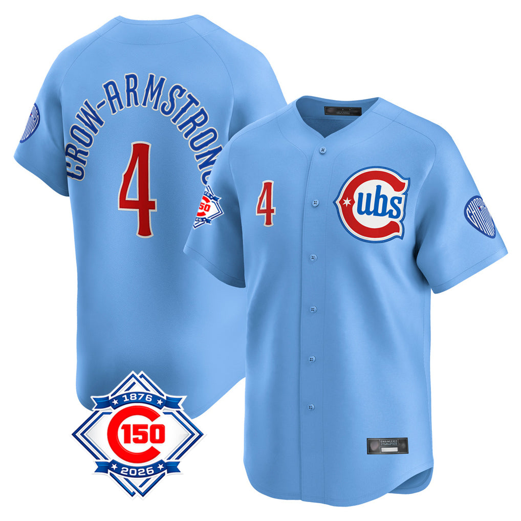 Chicago Cubs #4 Pete Crow-Armstrong Player Light Blue REYNOLDS 150th Anniversary Limited Home Stitched Jerseys