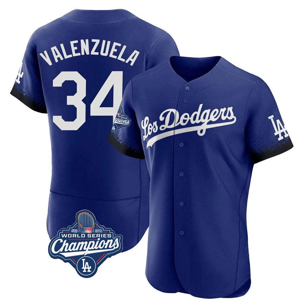 Los Angeles Dodgers #34 Fernando Valenzuela Player Royal REYNOLDS World Series Meet City Connect Elite Home Stitched Jerseys