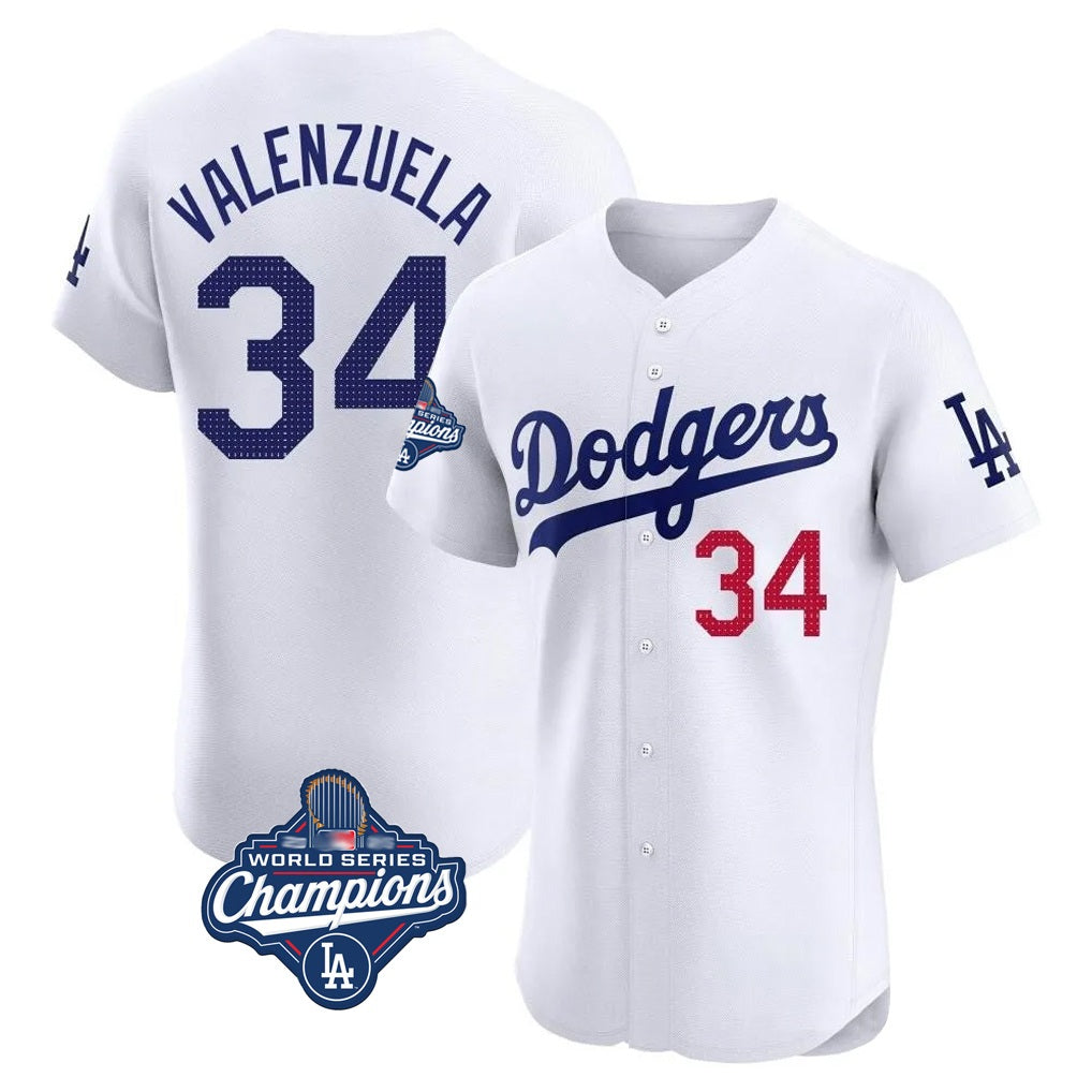 Los Angeles Dodgers #34 Fernando Valenzuela Player White REYNOLDS World Series Meet Limited Elite Home Stitched Jerseys