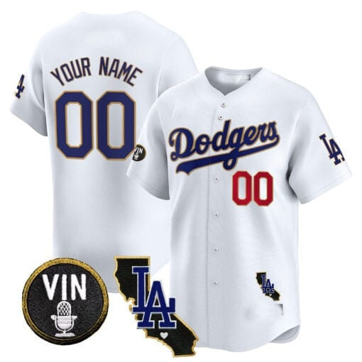 Custom Los Angeles Dodgers Vin & California Patch Gold Trim Vapor Premier Limited Jersey ¨C White REYNOLDS
