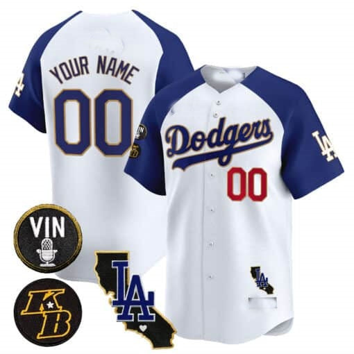 Custom Los Angeles Dodgers Vin Patch & Kobe Bryant Gold Trim Vapor Premier Limited Jersey V2 ¨C White 2 REYNOLDS