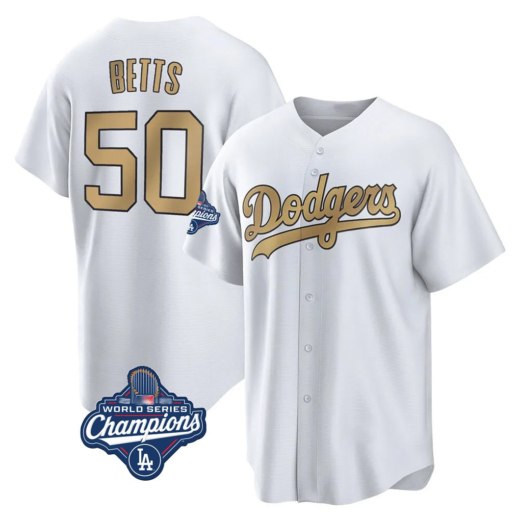 Los Angeles Dodgers #50 Mookie Betts Player White Gold REYNOLDS World Series Meet Collection Limited Home Stitched Jerseys