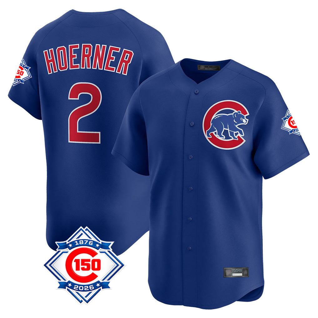Chicago Cubs #2 Nico Hoerner Player Royal REYNOLDS 150th Anniversary Limited Home Stitched Jerseys