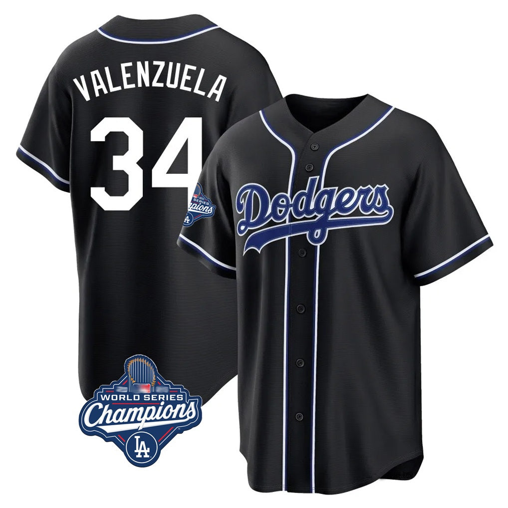 Los Angeles Dodgers #34 Fernando Valenzuela Player Black REYNOLDS World Series Meet Carbon Limited Home Stitched Jerseys