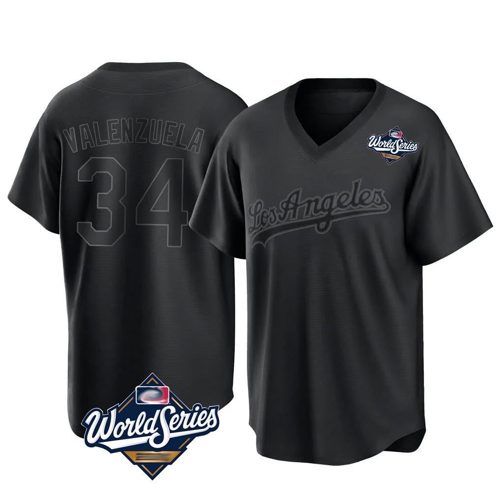 Los Angeles Dodgers #34 Fernando Valenzuela Player Black REYNOLDS World Series Pitch Fashion T-shirt Stitched Jerseys
