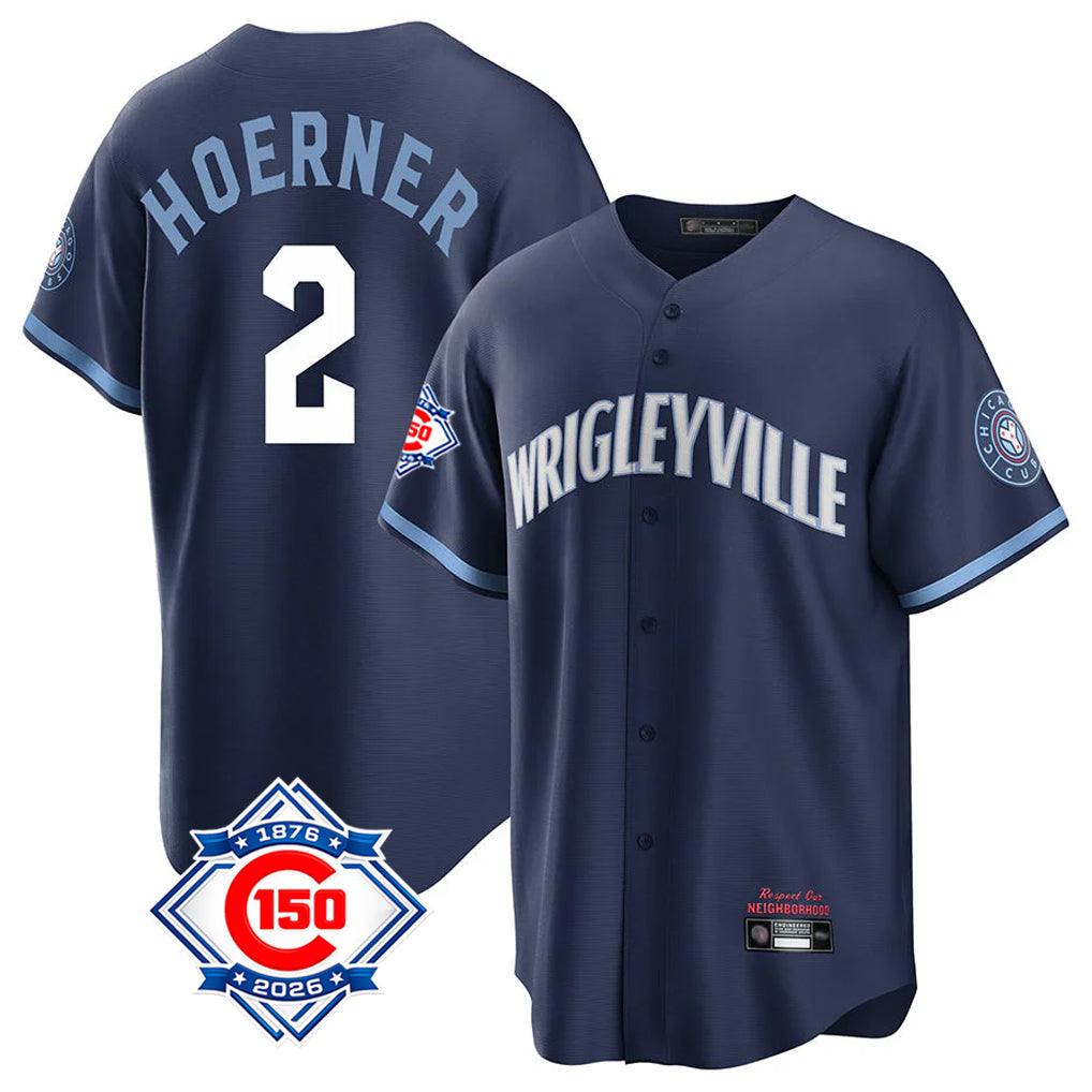 Chicago Cubs #2 Nico Hoerner Player Navy REYNOLDS 150th Anniversary City Connect Home Game Stitched Jerseys