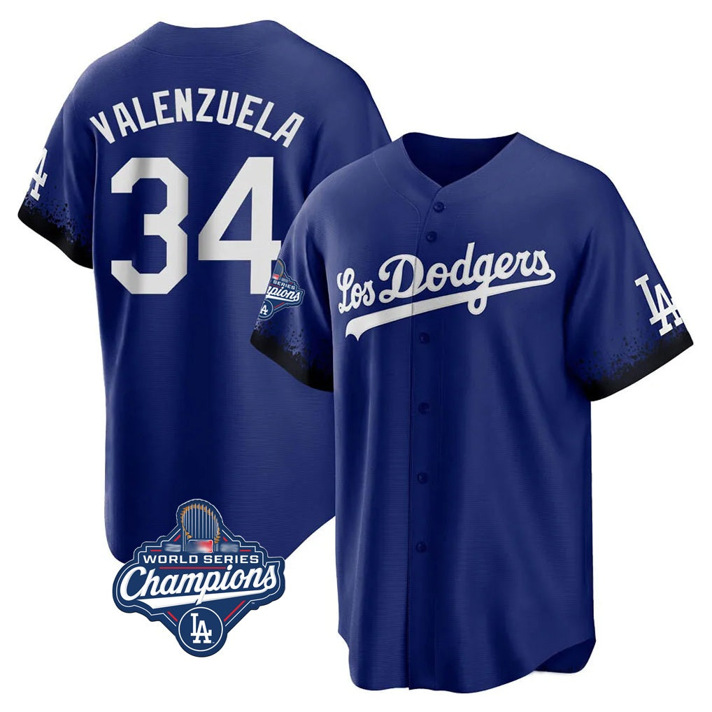 Los Angeles Dodgers #34 Fernando Valenzuela Player Royal REYNOLDS World Series Meet City Connect Home Game Stitched Jerseys