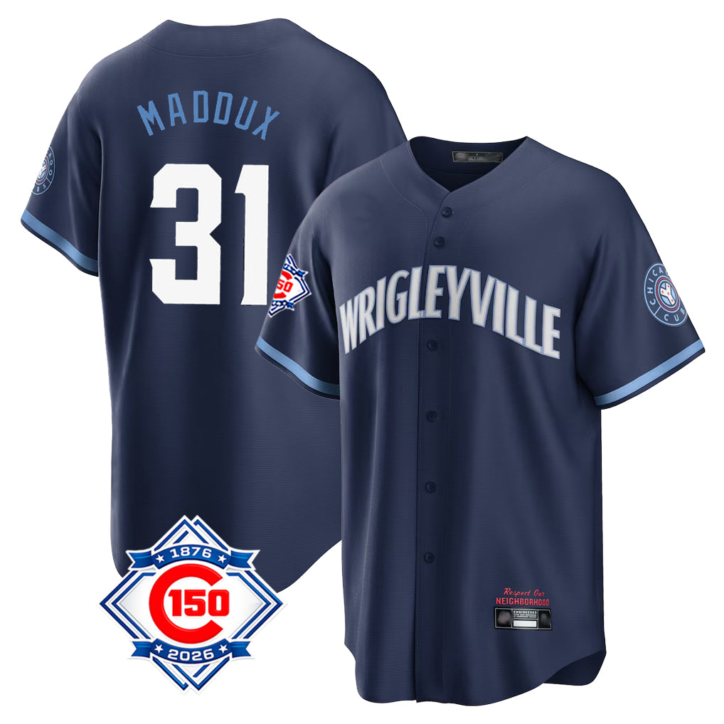Chicago Cubs #31 Greg Maddux Player Navy REYNOLDS 150th Anniversary City Connect Home Game Stitched Jerseys