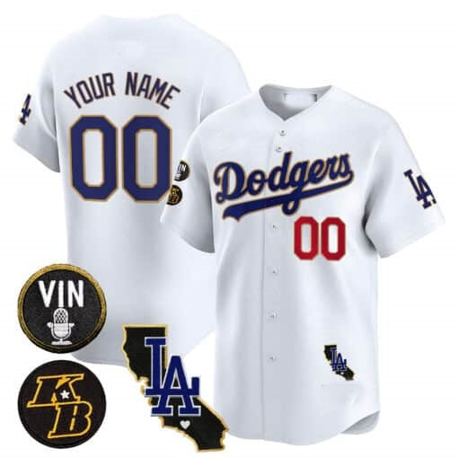 Custom Los Angeles Dodgers Vin Patch & Kobe Bryant Gold Trim Vapor Premier Limited Jersey V2 ¨C White REYNOLDS