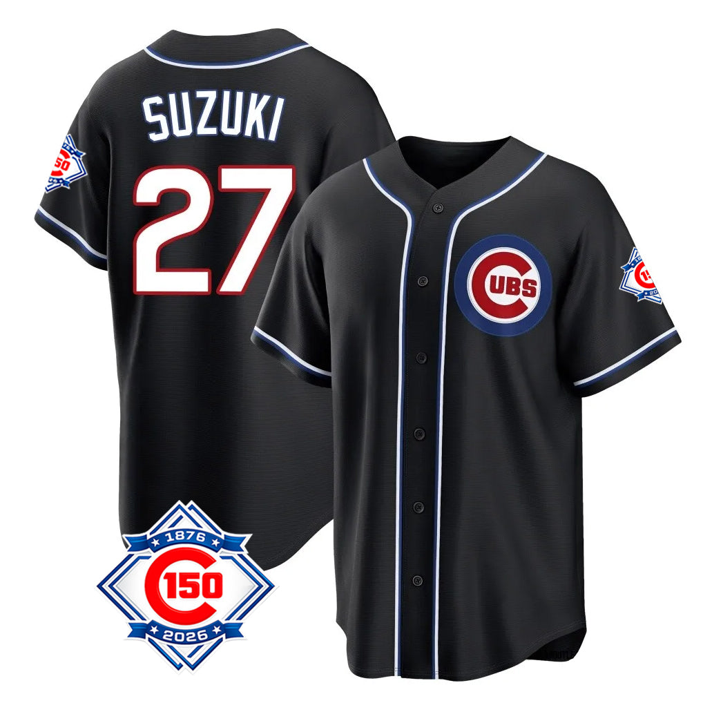 Chicago Cubs #27 Seiya Suzuki Player Black REYNOLDS Fashion Out 150th Anniversary Game Stitched Jerseys