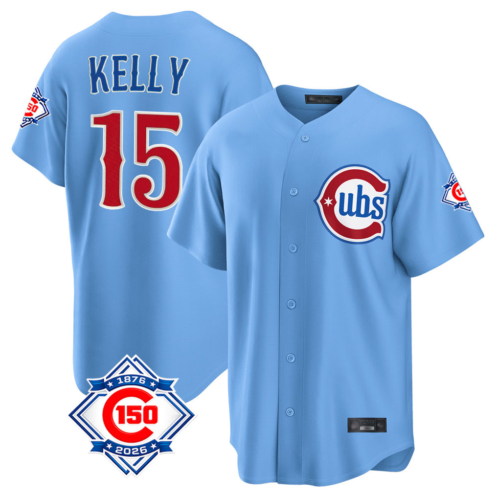 Chicago Cubs #15 Carson Kelly Player Light Blue REYNOLDS 150th Anniversary Home Game Stitched Jerseys