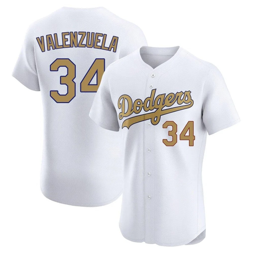 Los Angeles Dodgers #34 Fernando Valenzuela Player White Gold REYNOLDS Limited Elite Home Stitched Jerseys