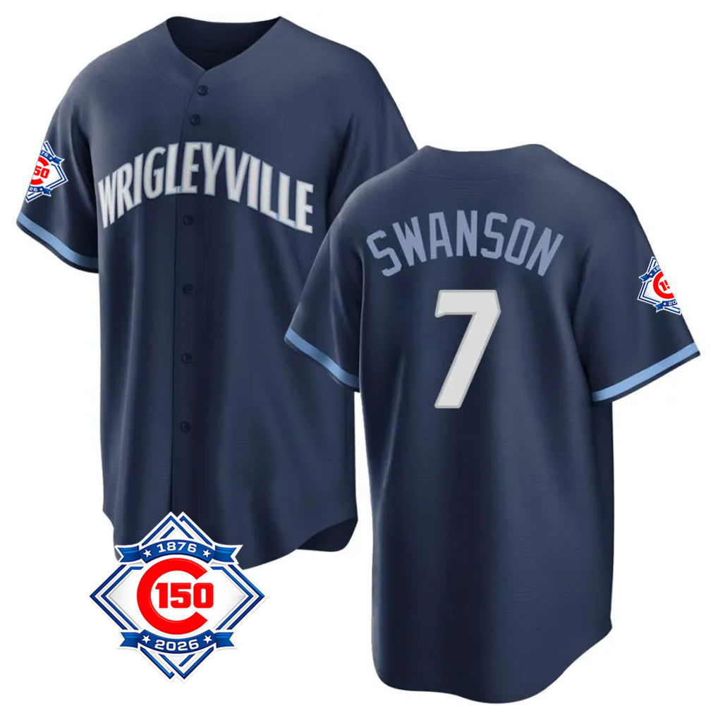 Chicago Cubs #7 Dansby Swanson Player Navy REYNOLDS 150th Anniversary City Connect Home Game Stitched Jerseys