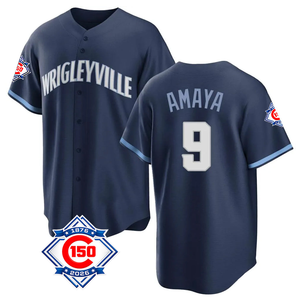 Chicago Cubs #9 Miguel Amaya Player Navy REYNOLDS 150th Anniversary City Connect Home Game Stitched Jerseys