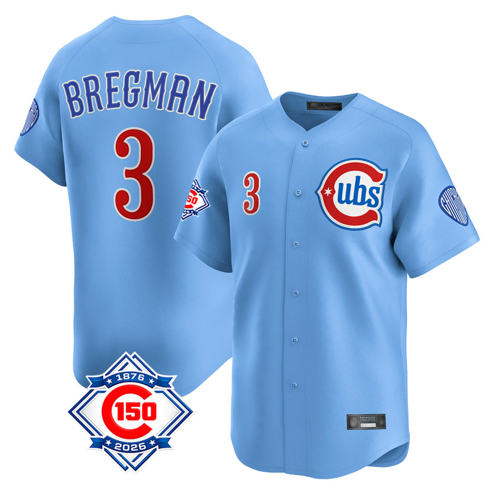Chicago Cubs #3 Alex Bregman Player Light Blue REYNOLDS 150th Anniversary Limited Home Stitched Jerseys