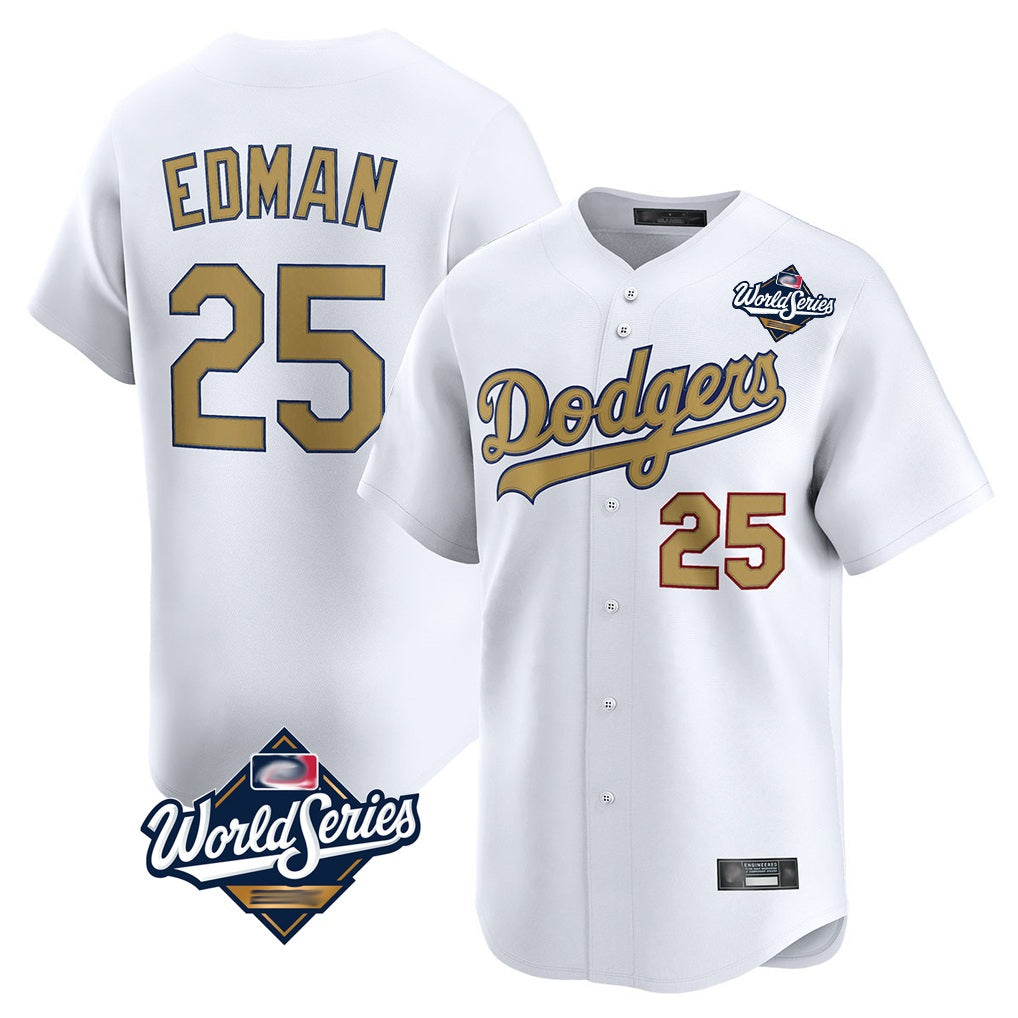 Los Angeles Dodgers #25 Tommy Edman Player White Gold REYNOLDS World Series Collection Limited Home Stitched Jerseys